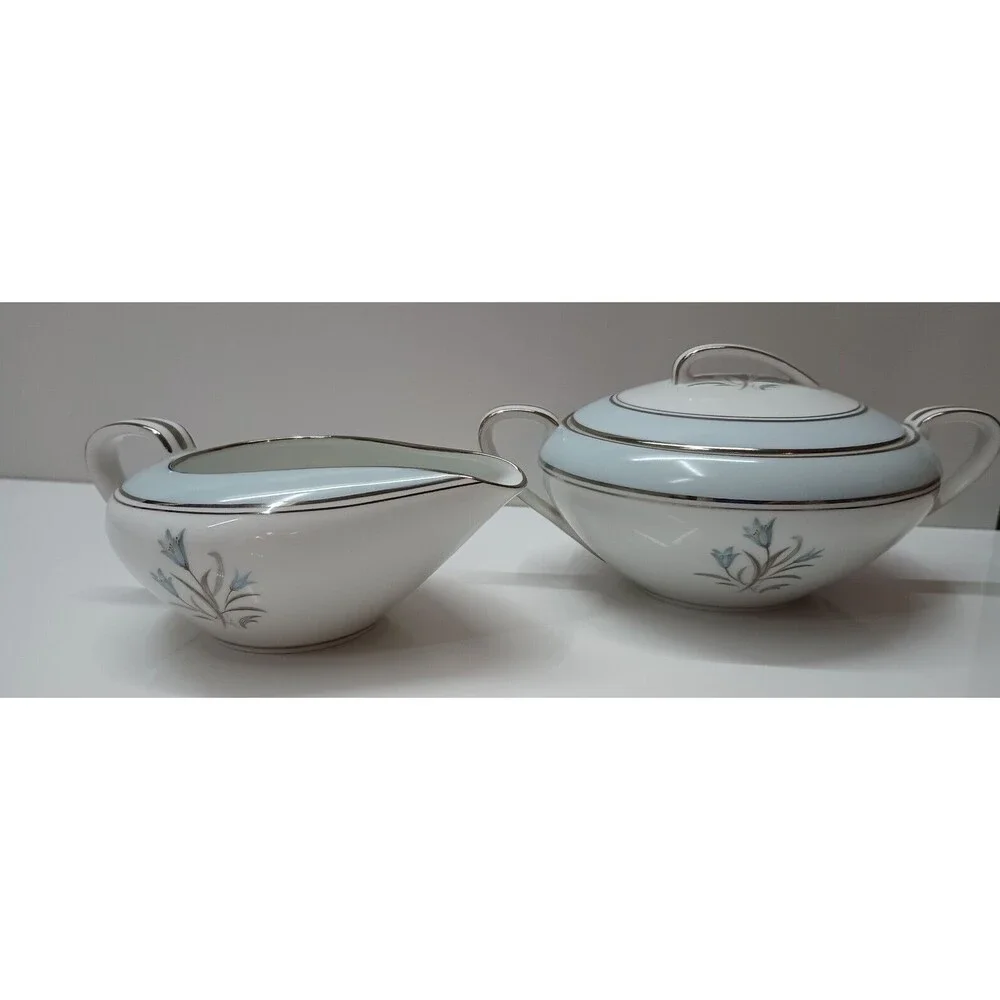 Noritake Bluebell Creamer Sugar Bowl w/ Lid 5558 Floral Platinum Silver Rim MCM